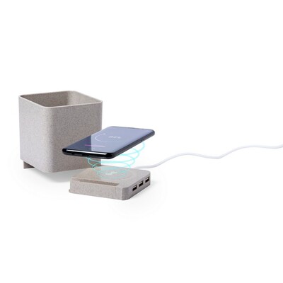 Drahtloses 5-W-Weizenstroh-Ladegerät, USB 2.0-Hub, Schreibwerkzeughalter, Telefonständer