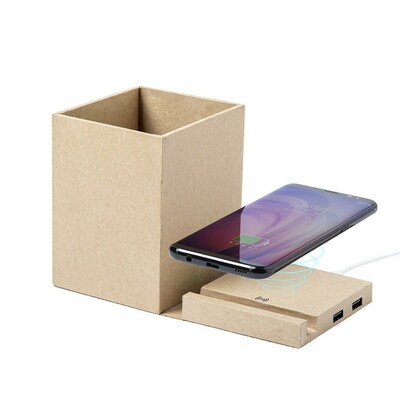 Zusammenklappbares Wireless Ladegerät 5W aus recyceltem Karton, USB 2.0-Hub, Schreibgerätehalter, Telefonständer