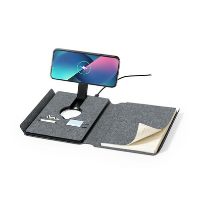 Multifunktionaler Notizbuch RPET A5, 10W magnetisches kabelloses Ladegerät, 5000 mAh Powerbank