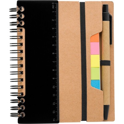 Memo holder, notebook, ball pen, ruler, sticky notes
