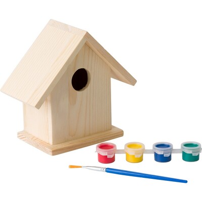 Birdhouse for painting, paints and brush