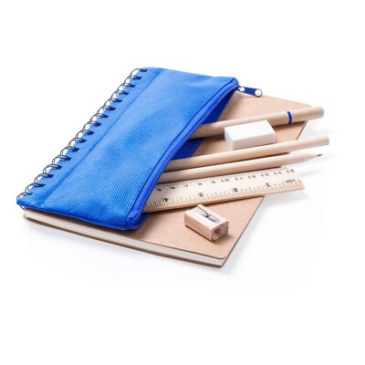 Set scolaire, trousse, 2 crayons, stylo bille, cahier, règle, gomme et taille-crayon
